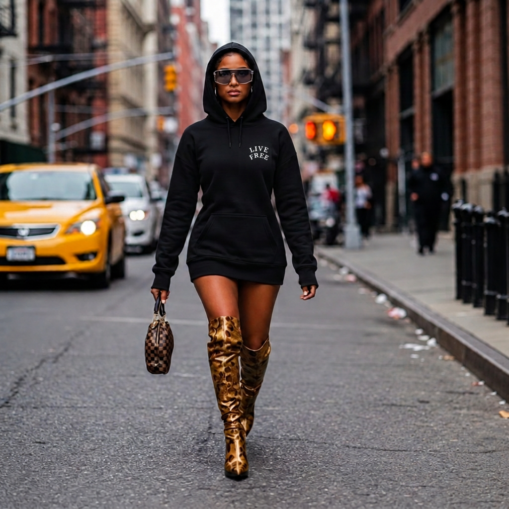 Woman wearing a Zo Culture hoodie on a New York street